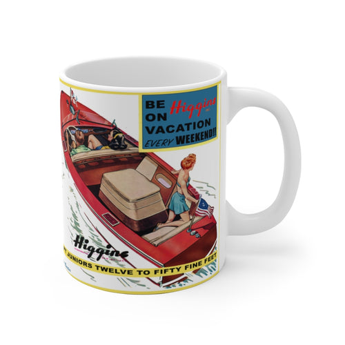 Vintage Higgins Boat Advertisement White Ceramic Mug by Retro Boater