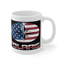 Vintage Style Polaris with American Flag in Distress Behind White Ceramic Mug