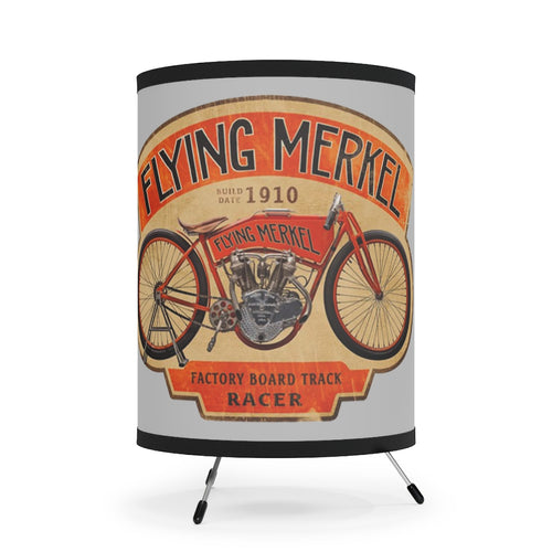 Vintage 1910 Flying Merkel Race Motorcycle Tripod Lamp with High-Res Printed Shade, US/CA plug