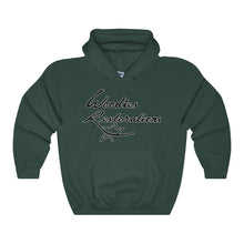 Woodies Restorations Logo Outlined in White Heavy Blend Hooded Sweatshirt (internal)