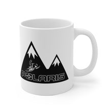 Classic Polaris Snowmobile with Mountain Design Background White Ceramic Mug