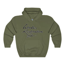 Woodies Restorations Logo Outlined in White Heavy Blend Hooded Sweatshirt (internal)