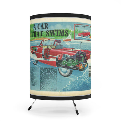 Vintage Advertisement of Amphicar Tripod Lamp with High-Res Printed Shade, US/CA plug