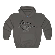 Woodies Restorations Logo Outlined in White Heavy Blend Hooded Sweatshirt (internal)