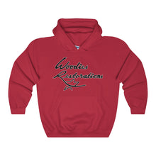 Woodies Restorations Logo Outlined in White Heavy Blend Hooded Sweatshirt (internal)