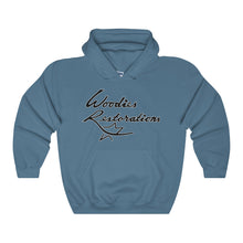 Woodies Restorations Logo Outlined in White Heavy Blend Hooded Sweatshirt (internal)