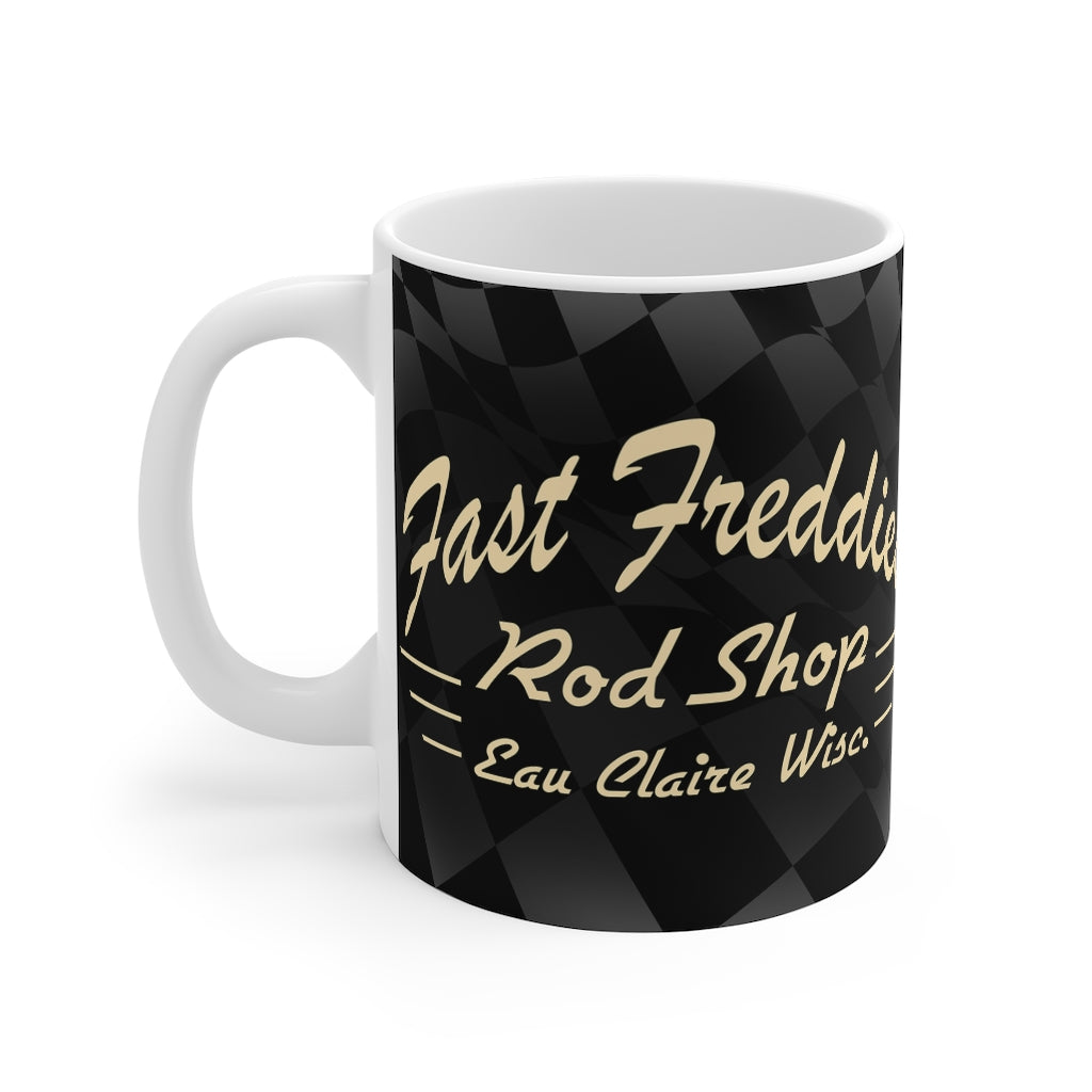 Fast Freddies Rod Shop Logo with Checkered Flag Mug 11oz by SpeedTiques