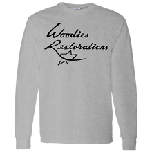 Woodies Restorations Logo in white outline G540 Gildan LS T-Shirt 5.3 oz.