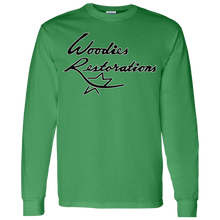Woodies Restorations Logo in white outline G540 Gildan LS T-Shirt 5.3 oz.