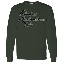 Woodies Restorations Logo in white outline G540 Gildan LS T-Shirt 5.3 oz.