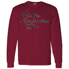 Woodies Restorations Logo in white outline G540 Gildan LS T-Shirt 5.3 oz.