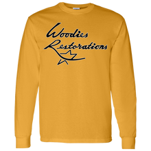 Woodies Restorations Logo in white outline G540 Gildan LS T-Shirt 5.3 oz.