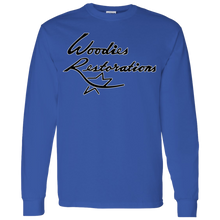 Woodies Restorations Logo in white outline G540 Gildan LS T-Shirt 5.3 oz.