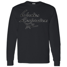 Woodies Restorations Logo in white outline G540 Gildan LS T-Shirt 5.3 oz.