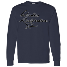 Woodies Restorations Logo in white outline G540 Gildan LS T-Shirt 5.3 oz.