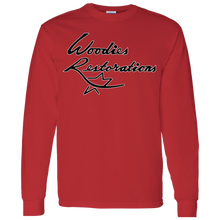 Woodies Restorations Logo in white outline G540 Gildan LS T-Shirt 5.3 oz.