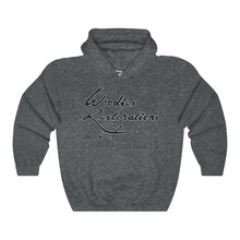 Woodies Restorations Logo Outlined in White Heavy Blend Hooded Sweatshirt (internal)