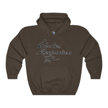 Woodies Restorations Logo Outlined in White Heavy Blend Hooded Sweatshirt (internal)