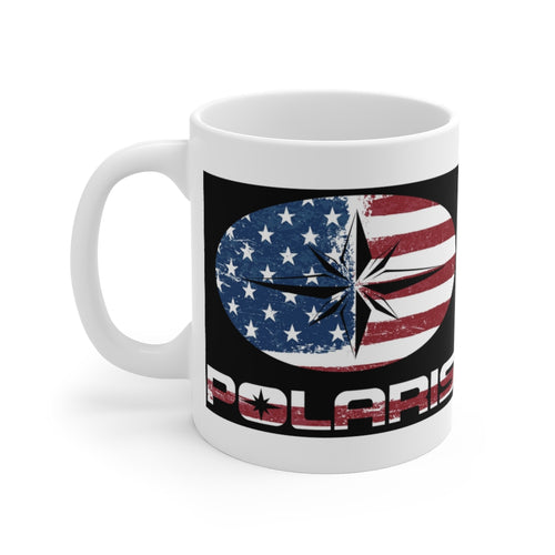 Vintage Style Polaris with American Flag in Distress Behind White Ceramic Mug
