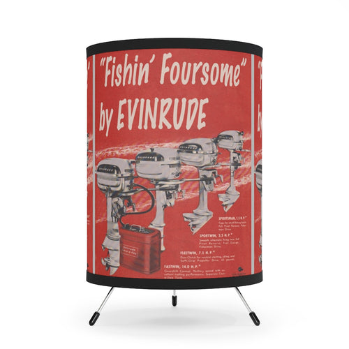 Vintage Evinrude Outboard Ad in Red Tripod Lamp with High-Res Printed Shade, US/CA plug
