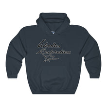 Woodies Restorations Logo Outlined in White Heavy Blend Hooded Sweatshirt (internal)
