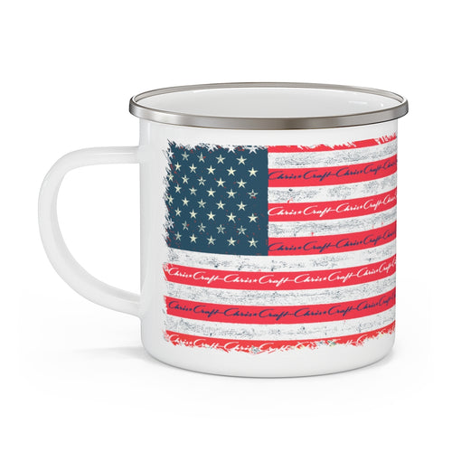 Vintage Distressed Style American Flag with Chris Craft Boat Enamel Camping Mug